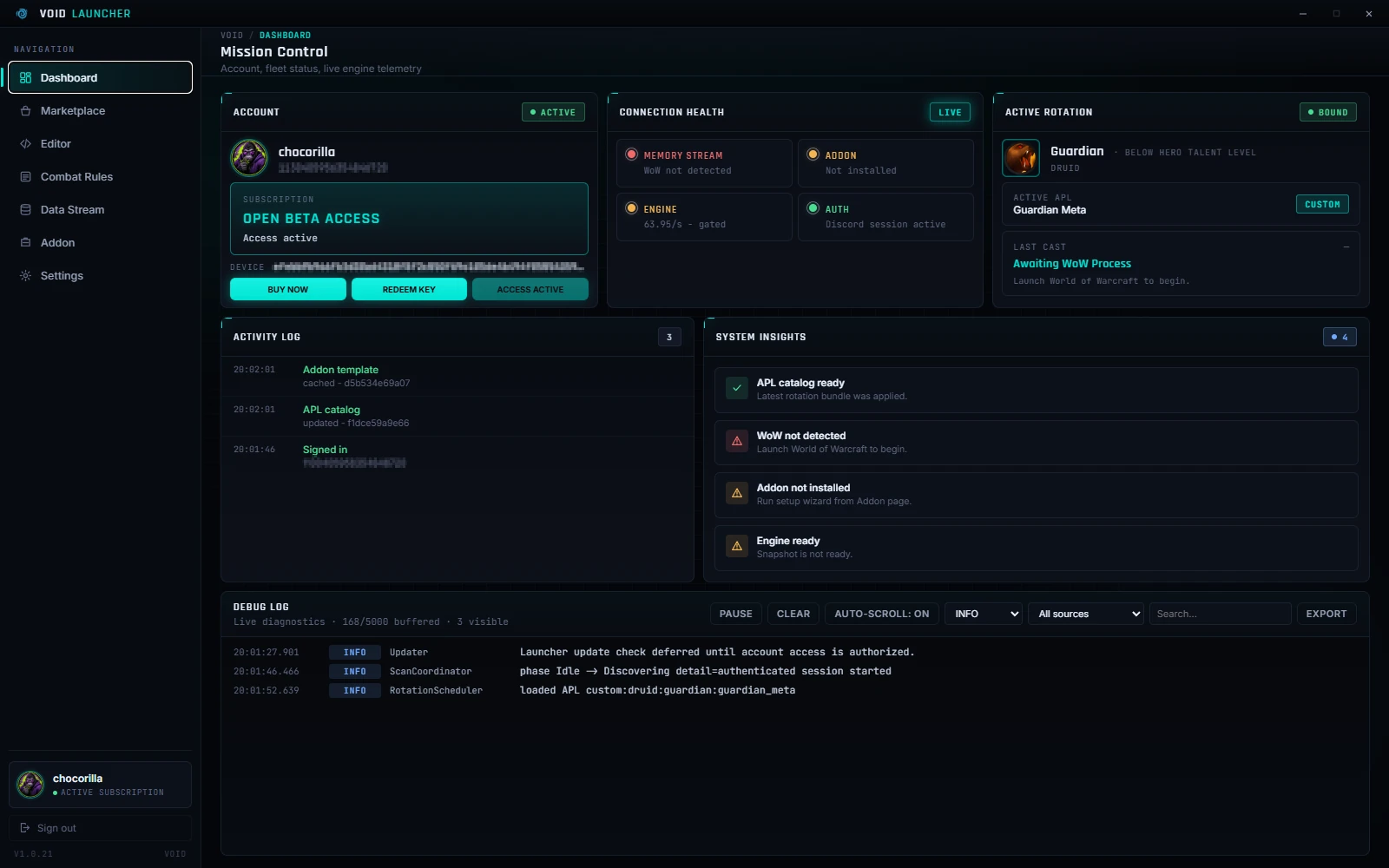 The Void Launcher dashboard showing account access, connection health, active rotation and system insights